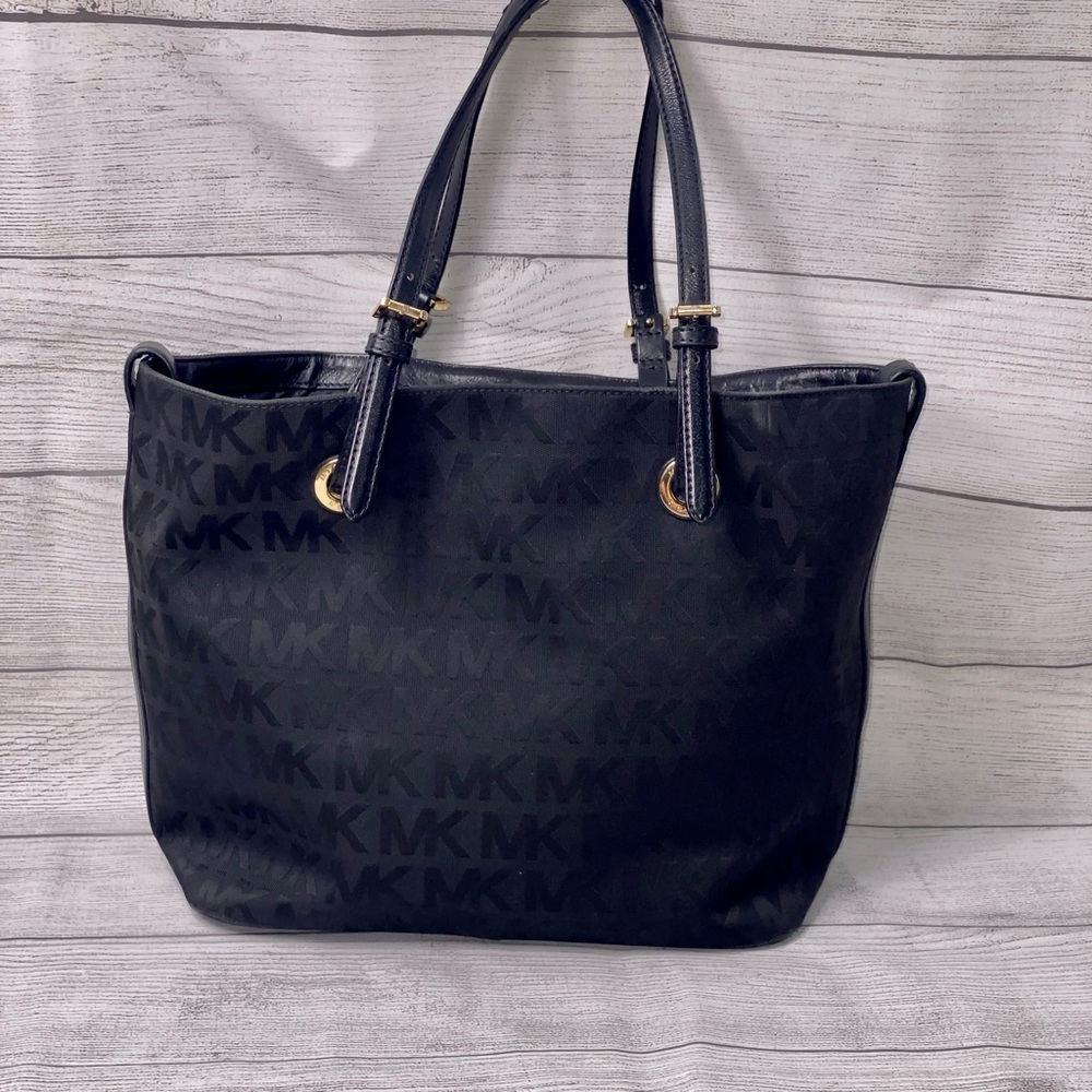 Michael Kors Black on Black Signature Jacquard Jet Setter Grab Bag Tote
